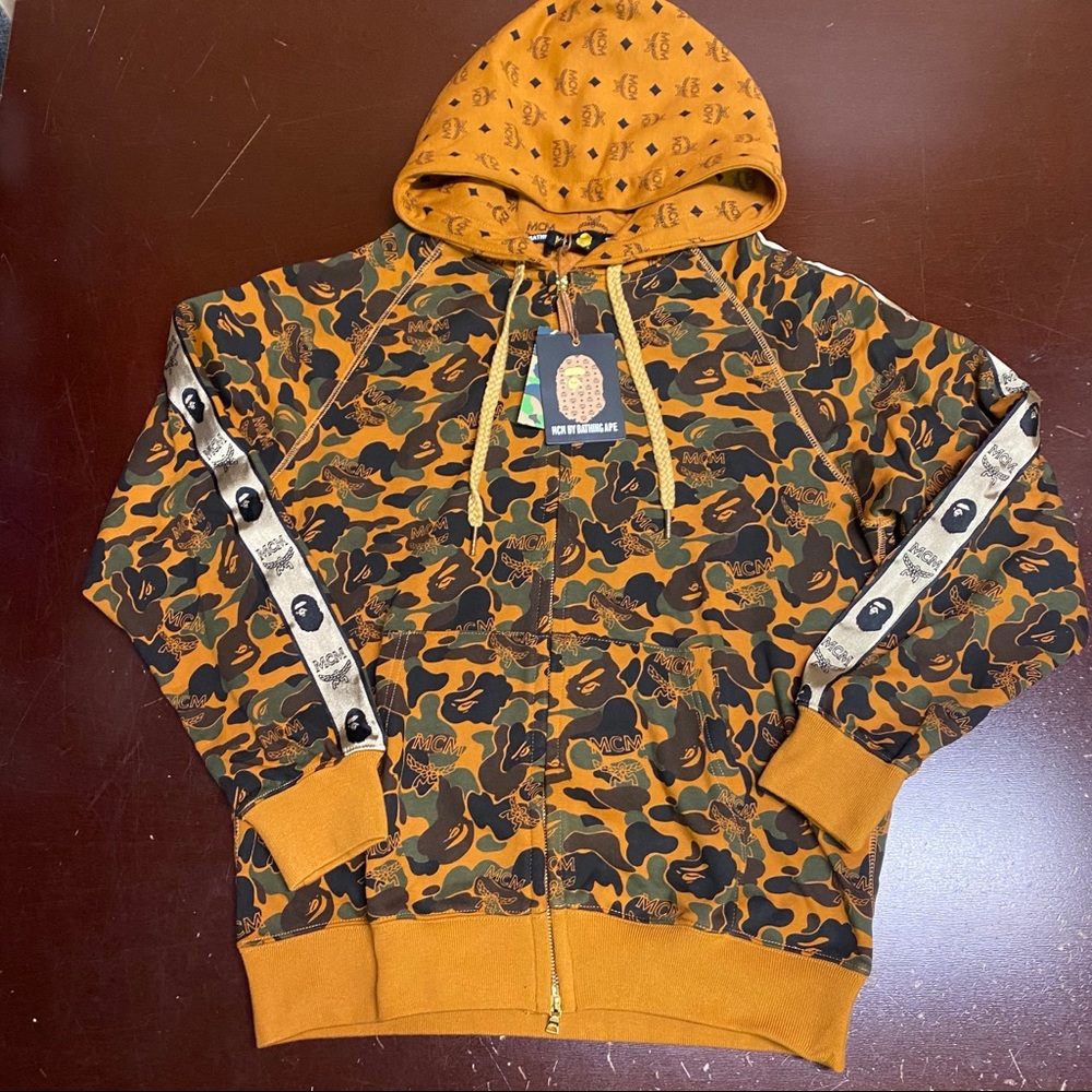 Bape x Mcm Collaboration Zip Up Brown Hoodie New Large